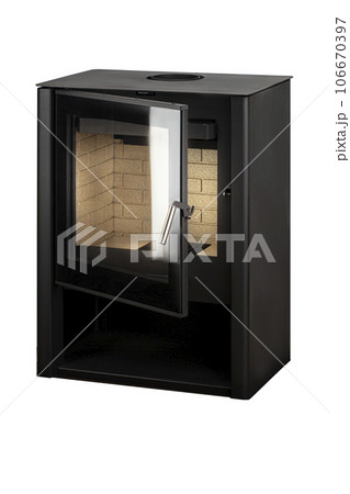 Modern fireplaces for heating from metal and heat-resistant glass. Boiler for solid fuel isolated on white background. Modern fireplaces for heating from metal and heat-resistant glass. Boiler for solid fuel isolated on white background. 106670397