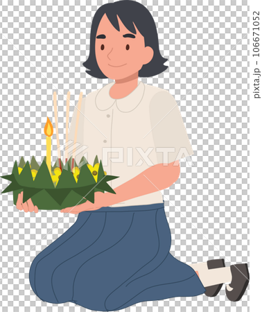 Loy Krathong Traditional Festival. Thai student girl is sitting and hold kratong and prepare to bring Krathong to float in river. 106671052
