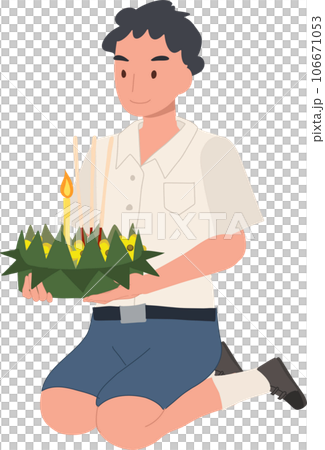Loy Krathong Traditional Festival. Thai student boy is sitting and hold kratong and prepare to bring Krathong to float in river. 106671053