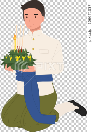 Loy Krathong Traditional Festival. man in Thai traditional dress is sitting and hold kratong and prepare to bring Krathong to float in river. 106671057