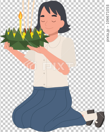 Loy Krathong Traditional Festival. Thai Student girl is sitting and hold krathong up to make a wish before float in river. 106671058