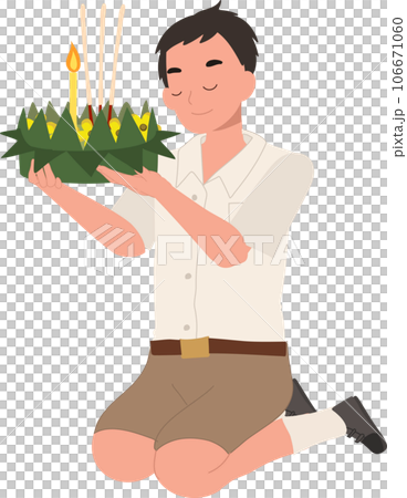 Loy Krathong Traditional Festival. Thai Student boy is sitting and hold krathong up to make a wish before float in river. 106671060