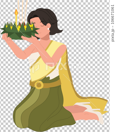 Loy Krathong Traditional Festival. woman in Thai traditional dress is sitting and hold krathong up to make a wish before float in river. 106671061