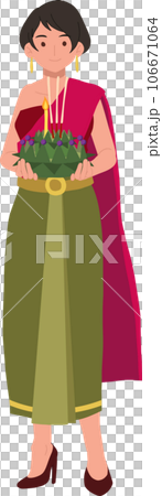 Thai Krathong Festival Illustration. A woman in traditional dress holding Krathong. Loy Krathong Traditional Festival in Thailand 106671064