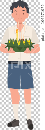 Thai Krathong Festival Illustration. Thai Student boy holding Krathong.   Loy Krathong Traditional Festival in Thailand 106671079