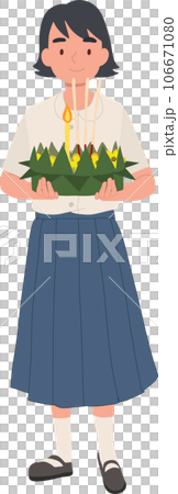 Thai Krathong Festival Illustration. Thai Student girl holding Krathong.   Loy Krathong Traditional Festival in Thailand 106671080