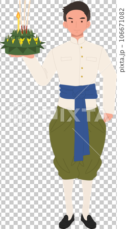 Thai Krathong Festival Illustration. A man in traditional dress holding Krathong. Loy Krathong Traditional Festival in Thailand 106671082