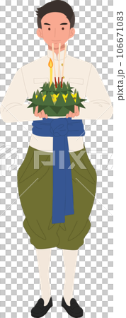 Thai Krathong Festival Illustration. A man in traditional dress holding Krathong. Loy Krathong Traditional Festival in Thailand 106671083