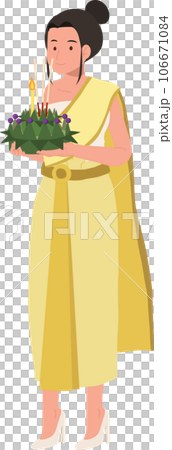 Thai Krathong Festival Illustration. A woman in traditional dress holding Krathong. Loy Krathong Traditional Festival in Thailand 106671084