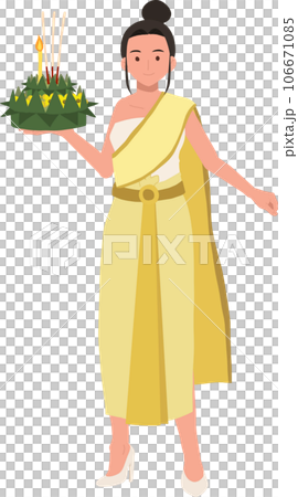 Thai Krathong Festival Illustration. A woman in traditional dress holding Krathong. Loy Krathong Traditional Festival in Thailand 106671085