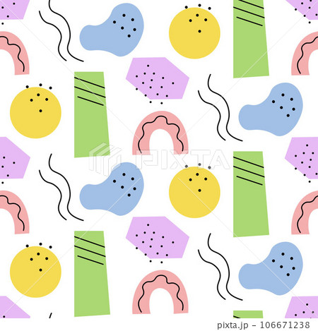 Colorful geometric shapes memphis style with doodle lines. Seamless patterns y2k style. Colorful geometric shapes memphis style with doodle lines. Seamless patterns y2k style. 106671238