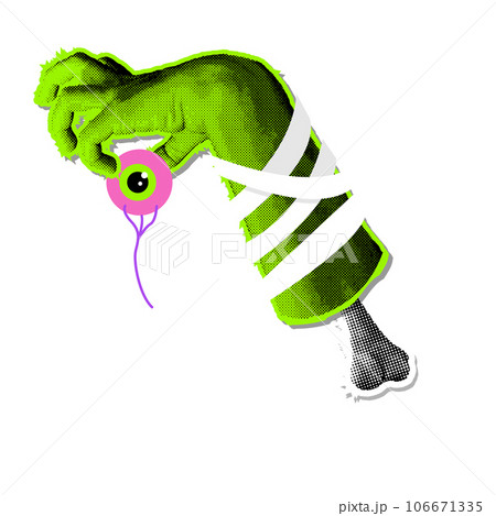 Neon green Zombie hand wrapped in bandages holding a missing eye. Halftone grungy scary Halloween clip art. Demon hand halftone collage for mixed media design. Vector illustration Neon green Zombie hand wrapped in bandages holding a missing eye. Halftone grungy scary Halloween clip art. Demon hand halftone collage for mixed media design. Vector illustration 106671335