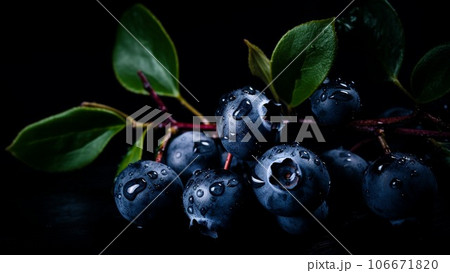 Blueberries on a black background. Beautiful berries on glass. With green leaves. Blueberries on a black background. Beautiful berries on glass. With green leaves. 106671820