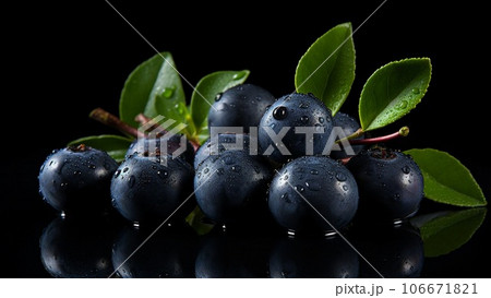 Blueberries on a black background. Beautiful berries on glass. With green leaves. 106671821