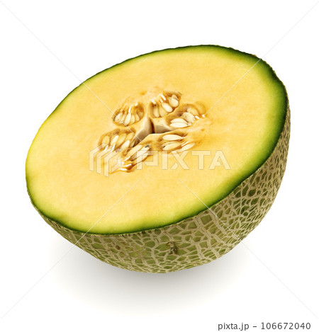 half cantaloupe fruit cut isolated on white background 3D render illustration half cantaloupe fruit cut isolated on white background 3D render illustration 106672040