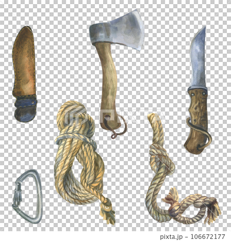Watercolor hand painted illustration set of camping instruments, knife, axe, carbine, rope rolls for tourist, hanter. Objects for camping and adventure isolated on white. 106672177
