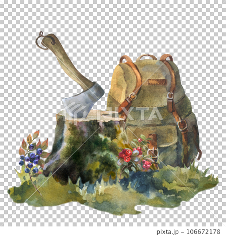 Watercolor illustration, ax in the stump and backpack. Watercolor hand drawn illustration of a wooden stump in the grass and forest berries with an axe. For design of the tourism and hiking. Watercolor illustration, ax in the stump and backpack. Watercolor hand drawn illustration of a wooden stump in the grass and forest berries with an axe. For design of the tourism and hiking. 106672178