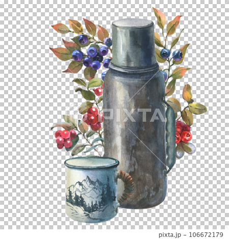 Vintage thermos and mug with forest berries, watercolor illustration. Camping tourist. Isolate on a white background Vintage thermos and mug with forest berries, watercolor illustration. Camping tourist. Isolate on a white background 106672179