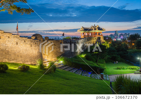 Old city wall at Hwaseong Fortress, Traditional Architecture of Korea at Suwon, South Korea. Old city wall at Hwaseong Fortress, Traditional Architecture of Korea at Suwon, South Korea. 106672370