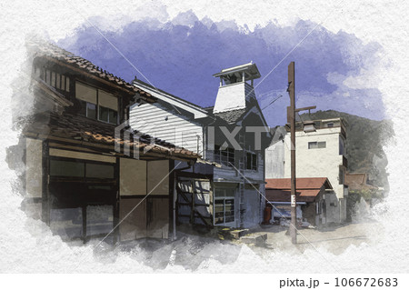 水彩画風 智頭宿 消防屯所 鳥取県八頭郡智頭町 水彩画風 智頭宿 消防屯所 鳥取県八頭郡智頭町 106672683
