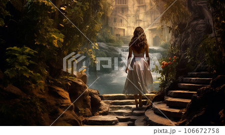 Rear view of a woman walking through a fairy...のイラスト素材 [106672758] - PIXTA