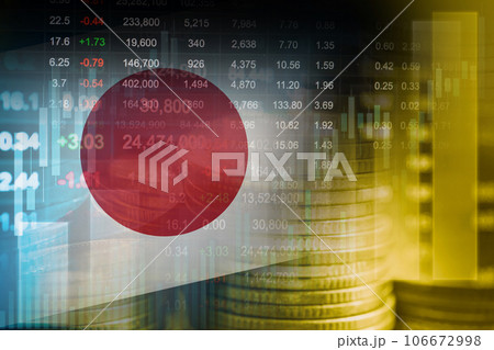 Japan flag with stock market finance, economy trend graph digital technology. 106672998