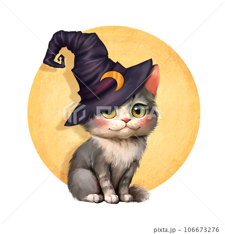 Cute Cat In A Witch Hat Illustration With Moon,...のイラスト素材 [106673276 ...