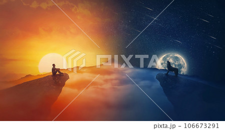 Equinox concept with sunrise against moonrise scene. Silhouettes of a person and a wolf on the edge of cliff, day equal night time Equinox concept with sunrise against moonrise scene. Silhouettes of a person and a wolf on the edge of cliff, day equal night time 106673291