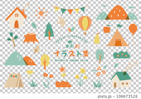 森や山の手描き風イラストセット　植物　アウトドア　自然　木　キャンプ　葉　家　マルシェ　飾り　装飾 106673528