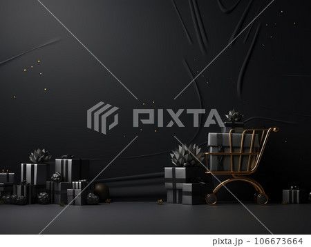 Black Friday Super Sale banner with realistic black gifts boxes and gold bows. Dark background golden with copy space 106673664