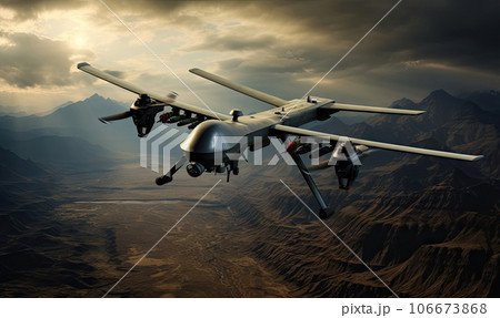 Military drone hovering over a vast desert landscape with distant mountains. Created with generative AI tools 106673868
