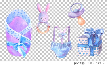 Baby shower clip art, newborn boy design elements. Watercolor hand drawn illustrations with elements for baby shower isolated on white background. Baby shower clip art, newborn boy design elements. Watercolor hand drawn illustrations with elements for baby shower isolated on white background. 106673937