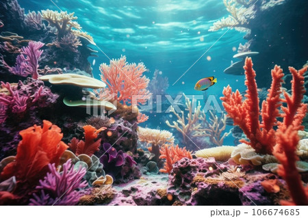 A bright underwater world with coral reefs 106674685