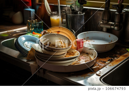 A lot of dirty dishes are in the sink in the kitchen A lot of dirty dishes are in the sink in the kitchen 106674793