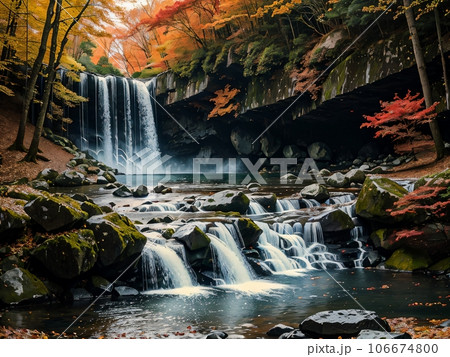 紅葉と滝 106674800
