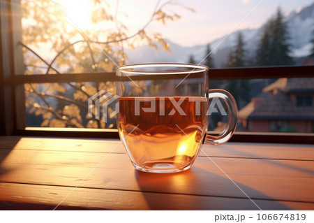 A glass cup of tea stands near the window A glass cup of tea stands near the window 106674819