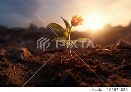 A small plant with a flower in the soil 106674820