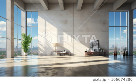 Interior of empty open space room in modern urban building for office or loft studio. Concrete walls and floor, home decor. Floor-to-ceiling windows with city view. Mockup, 3D rendering. 106674880