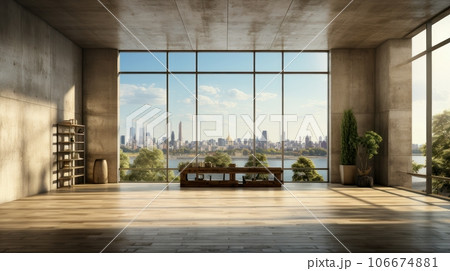 Interior of empty open space room in modern urban building for office or loft studio. Concrete walls and floor, home decor. Floor-to-ceiling windows with city view. Mockup, 3D rendering. 106674881
