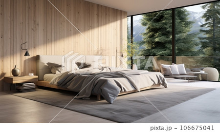 Interior of cozy minimalist bedroom in luxury villa or hotel. Decorative wall, wooden floor, comfortable bed, terrace, floor-to-ceiling windows with garden view. Ecostyle home design. 3D rendering. Interior of cozy minimalist bedroom in luxury villa or hotel. Decorative wall, wooden floor, comfortable bed, terrace, floor-to-ceiling windows with garden view. Ecostyle home design. 3D rendering. 106675041