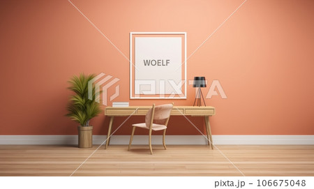 Stylish minimalist monochrome interior of modern office room in pastel orange and beige tones. Wooden desktop with office tools, chair, plant in a pot, poster template. Mockup, 3D rendering. Stylish minimalist monochrome interior of modern office room in pastel orange and beige tones. Wooden desktop with office tools, chair, plant in a pot, poster template. Mockup, 3D rendering. 106675048
