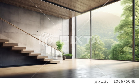 Interior of loft style room in luxury villa. Empty concrete walls, wooden floor, wooden staircase, houseplant, panoramic window with garden view. Contemporary home design. Mockup, 3D rendering. Interior of loft style room in luxury villa. Empty concrete walls, wooden floor, wooden staircase, houseplant, panoramic window with garden view. Contemporary home design. Mockup, 3D rendering. 106675049