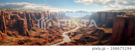 aerial view of a deep canyon with rugged cliffs and a winding river. Generative AI 106675294