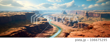 aerial view of a deep canyon with rugged cliffs and a winding river. Generative AI 106675295