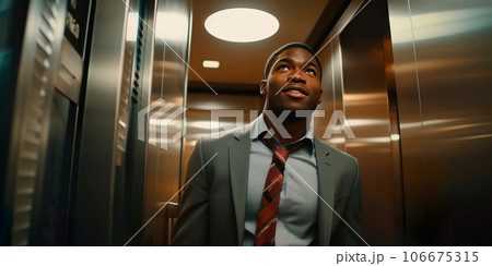 person delivering an elevator pitch to potential investors inside a moving elevator . Generative AI 106675315