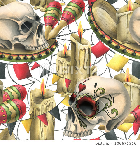 Human skulls, sombrero hat, maracas, garland flags, candles and cobwebs. Hand drawn watercolor illustration for day of the dead, halloween, Dia de los muertos. Seamless pattern on white background. 106675556