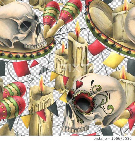 Human skulls, sombrero hat, maracas, garland flags, candles and cobwebs. Hand drawn watercolor illustration for day of the dead, halloween, Dia de los muertos. Seamless pattern on white background. 106675556