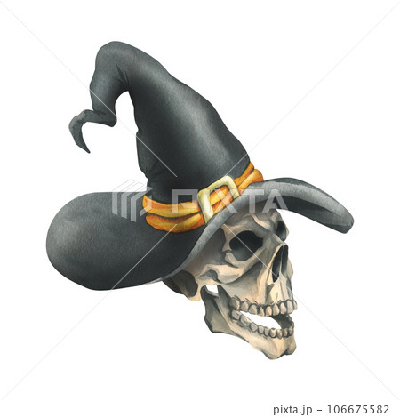 Human skull in black witch hat with orange ribbon and gold buckle for death day and halloween holiday. Watercolor illustration, hand drawn. Isolated composition on a white background Human skull in black witch hat with orange ribbon and gold buckle for death day and halloween holiday. Watercolor illustration, hand drawn. Isolated composition on a white background 106675582
