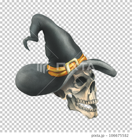 Human skull in black witch hat with orange ribbon and gold buckle for death day and halloween holiday. Watercolor illustration, hand drawn. Isolated composition on a white background Human skull in black witch hat with orange ribbon and gold buckle for death day and halloween holiday. Watercolor illustration, hand drawn. Isolated composition on a white background 106675582