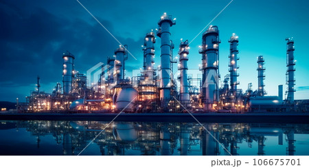 A modern petrochemical plant with intricate piping systems, distillation towers, and tanks, producing various chemical compounds. Generative AI 106675701